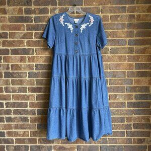 VTG Denim Tiered Dress Lace Appliqué With Ribbon Flowers Pleats Gathers Size 18